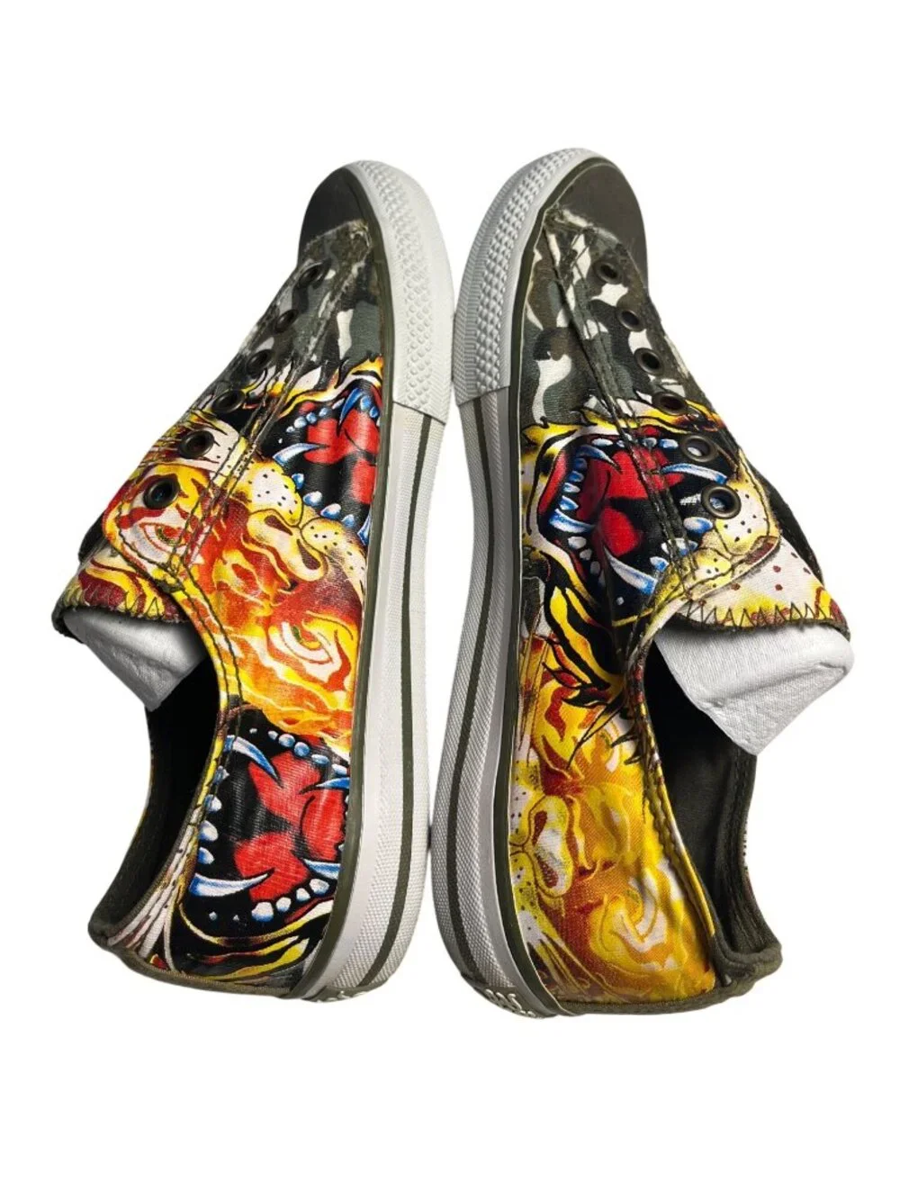 VTG Y2K Ed Hardy Tiger Tattoo Canvas Slip-On laceless Sneakers Mens 8 Womens 10